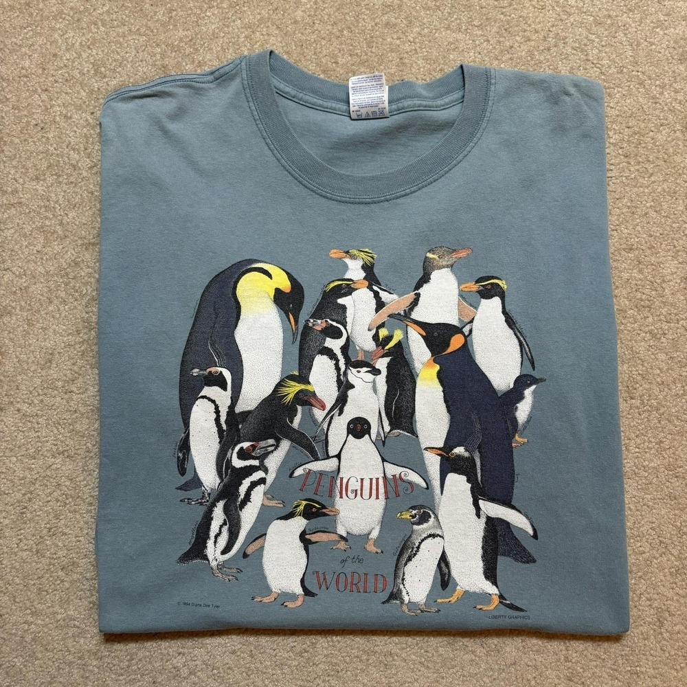 Vtg Penguin Shirt Mens XL Blue Penguins Of The World Antarctica Graphic Tee 90s